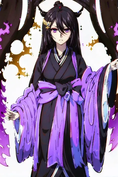 (masterpiece, best quality:1.2), 1girl, solo, purple eyes, black hair, long hair, hair between eyes, (((only black kimono))), long obi(bow with long ascot), elbow cloth, hair pin, parted bangs, full body clothed, straight hair, shiny hair, fair skin, hyper...