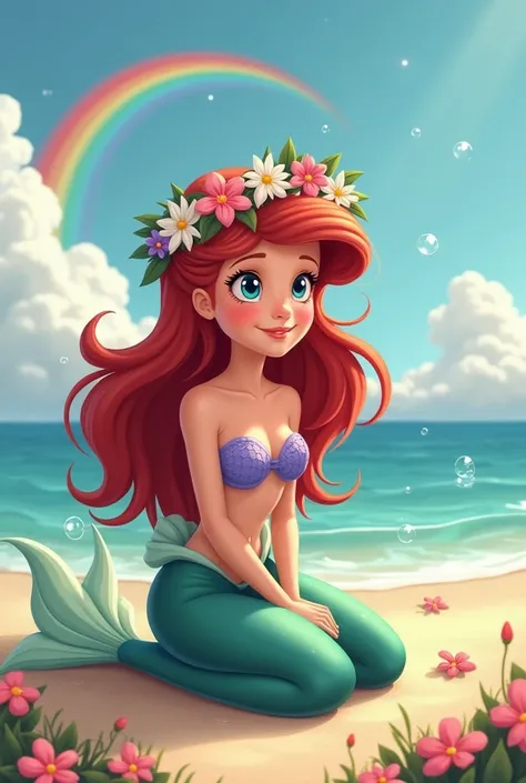 a 2D cartoon disney style art of a mermaid with fair skin, blue eyes, flushed cheeks, sweet smile, long colored hair combed in the wind, a wreath of flowers adorns her head. His expression is one of tenderness. She is sitting on the sand by the beach with ...