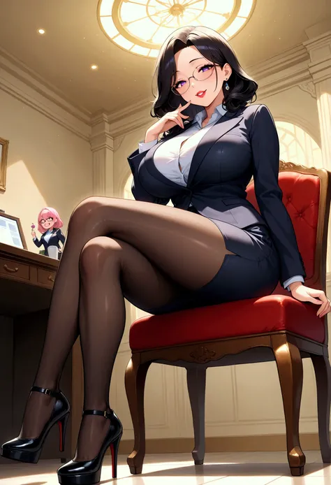 1 mature beautiful and elegant charming woman ,(masterpiece:1.3, top quality :1.3, very detailed depiction:1.3, incredible high resolution:1.3,High quality anime drawings),( office lady with straight black hair,An excellent female secretary,Villainess,Glas...