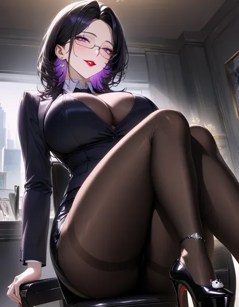 1 mature beautiful and elegant charming woman ,(masterpiece:1.3, top quality :1.3, very detailed depiction:1.3, incredible high resolution:1.3,High quality anime drawings),( office lady with straight black hair,An excellent female secretary,Villainess,Glas...