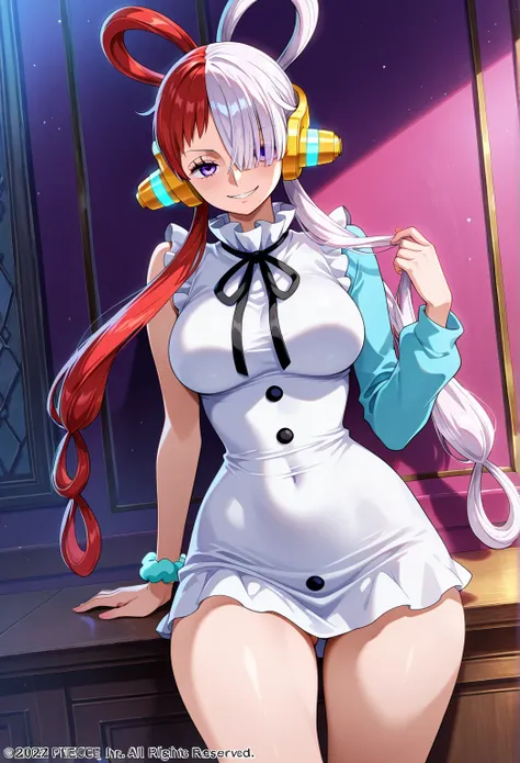 high resolution picture, masterpiece, best quality, amazing quality, official art, solo, 1girl,  uta from one piece 1girl, Uta, purple eyes, long hair, split-color hair, hair over one eye, hair rings, headphones, medium breasts ,   white dress, frills, nec...