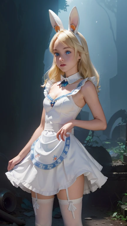 (La Better quality, A high resolution, Ultra - detailed, actual),Alice Wonderland, short blue dress, white thigh media, long yellow hair, ,(Background of ruined dungeon ruins dark forest cyberpunk :1.4 ), More detailed 8K.Unreal Engine:1.4,UHD,La Better qu...