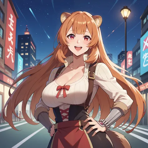 raphtalia ,orange hair , red eyes like rubies, happy smile ,  big breasts size D, Black Widow   (marvel)  background of a city at night .