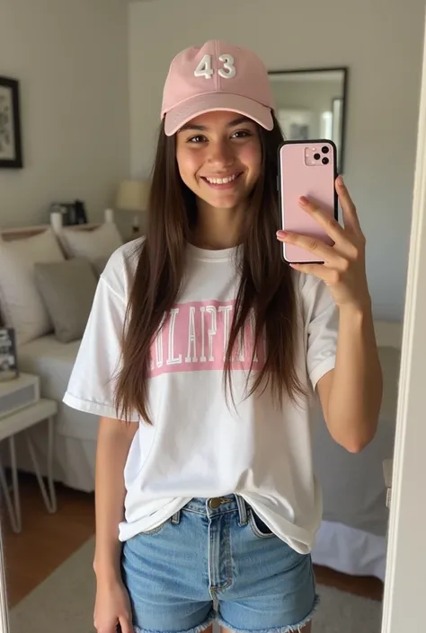 a 22-year-old girl with long straight dark brown hair wearing a light pink cap with the number 43 and wearing a white t-shirt that says COLAPINTO in light pink and denim shorts taking a picture in front of the mirror in her room 