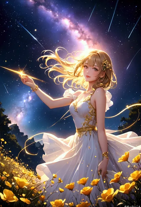 👩💖💖💋🌹 Sparkling golden powder effect 、 Artistic 、 starry sky 、 shooting star、CG Digital Art