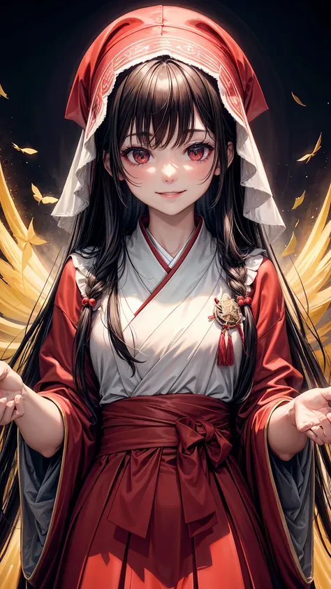  High resolution , de primera calidad,  ultra-quality,  The ultra-detailed,  lighting like a movie 、 Girl in a red priestess uniform、Hakama Corta 、 Sanctuary Venues 、A smile、 Dead leaves flutter 、A dark-haired、