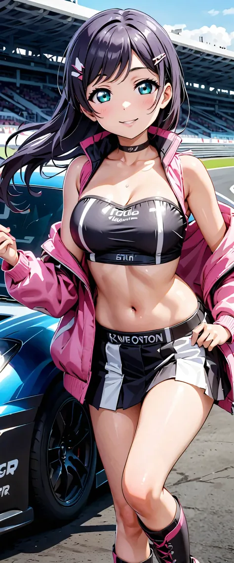  best quality,  super high resolution,  One person,   small breasts,  black choker under the chest, smile,  exposes shoulders,  focus only ,  Watch viewers,Fair skin,Car racing track, photon mapping,  physical based rendering,  RAW photos ,  highly detaile...