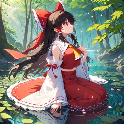 ((beautiful, the most beautiful in the world, the most beautiful, 1 girl, solo, hakurei reimu, sitting on the stone, black hair, long hair, hair red bow, hair red tube, red eyes, clear eyes that shine like jewels, yellow ascot, red skirt, white detachable ...