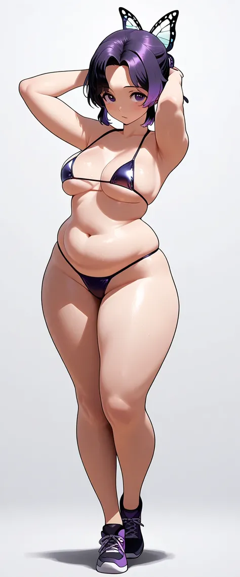 ((best quality)), ((masterpiece)), (detailed), shinobu , hot and sexy woman  having massive boobies and thick thighs, voluptuous figure, belly folds, chubby body, black   hair,  short hair, middle split hair, no hair on forehead , purple hair tip,  butterf...