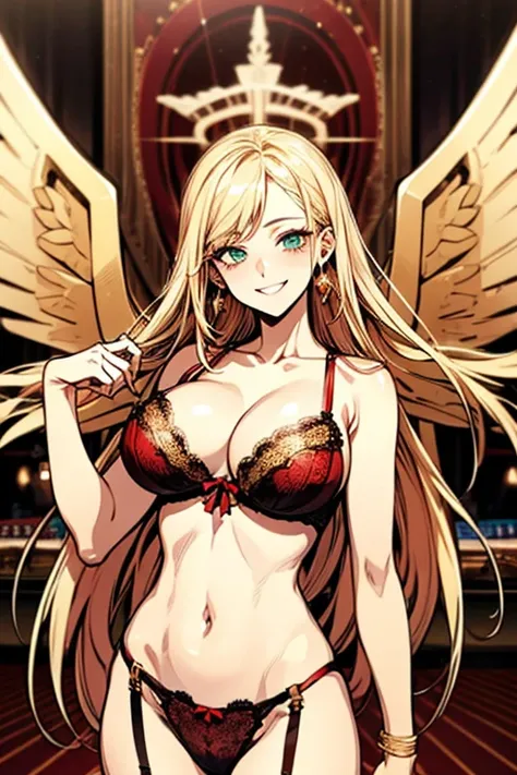 (((hotel casino))), ophanimon,Blonde Hair, mint eyes, laugh,masterpiece, best quality, in detail,cute (big breasts), (split), whole body, ((gold multiple angel wings)), Best image quality、masterpiece、8k、Anime Face、A kind smile、 beautiful body 、Cowboy Shot,...