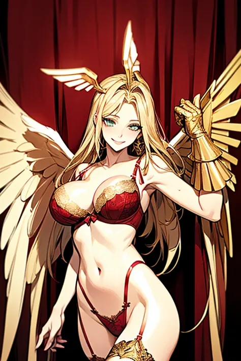 (((hotel casino))), ophanimon,Blonde Hair, mint eyes, laugh,masterpiece, best quality, in detail,cute (big breasts), (split), whole body, ((gold multiple angel wings)), Best image quality、masterpiece、8k、Anime Face、A kind smile、 beautiful body 、Cowboy Shot,...