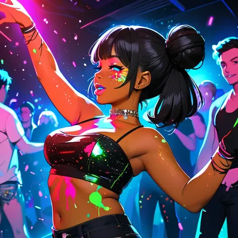 Adult female, brown skin, pitch black hair, glitter in hair, space bun hairstyle, small bust, ADULT, mature face, wearing red bandeau top, wearing distressed black skinny jeans, dancing, club scene, random smears of neon body paint, at a blacklight rave, c...