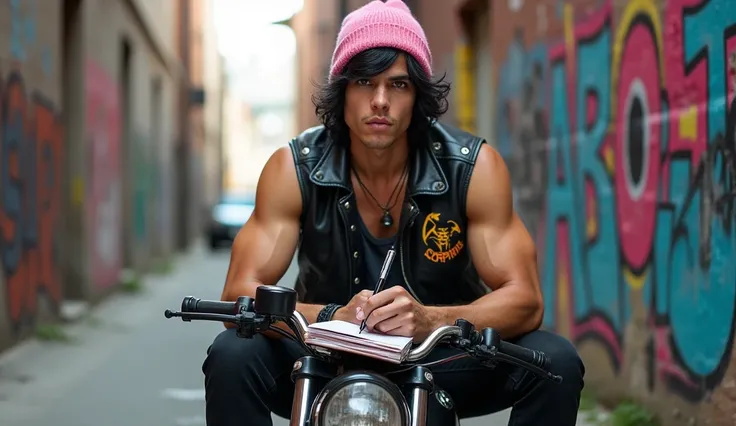 Jericho Jenson, an 18-year-old high school senior with an intense gaze, sitting on his black vintage moped in a graffiti-covered alleyway. His honey-colored eyes seem to hold a world of creativity, complemented by his black hair and rugged features. He wea...