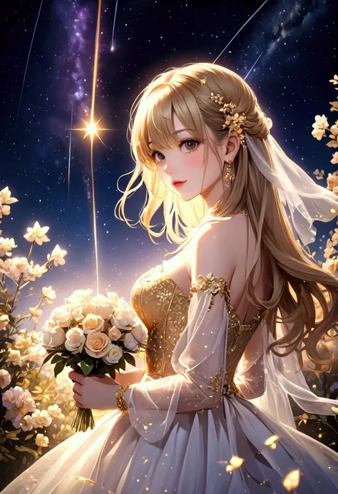 👩💖💖💋🌹 Sparkling golden powder effect 、 Artistic 、 starry sky 、 shooting star、CG Digital Art