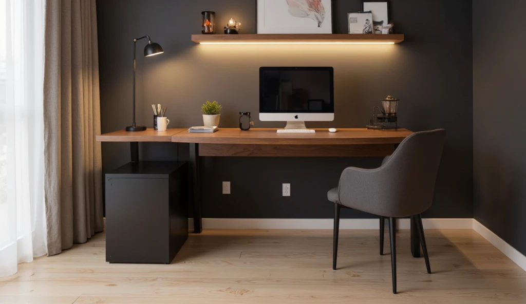 realistic picture of the computer desk setup,  A sophisticated and distinctive curved red cherry wood Desk, black desk legs, Warm, natural indirect lighting on the desk and wall , Plain light beige floor, black ikea alex under the desk, dark gray office ch...