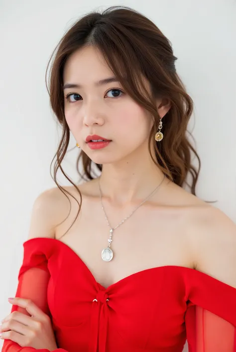 Beautiful Japanese Woman 、、 She is wearing a red off-the-shoulder dress、濃いeyeshadow 、Hairstyle: Medium long、wavy hair 、、 Light Brown Hair、 ear piercing、 Empty Expressions 、 necklace、 white backgr