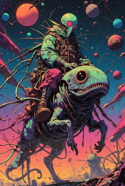 Alien in a plague mask riding a strange alien animal,And other items 々,  dmt Death of Ego ,   Exquisite Futuristic Art  , DMT Art,  DMT Egodes  ,  Dan Mumford and Alex Grey's style,   psyche trans art  ,   Ultra Detailed Fantastic Art  , epic shamanic DMT ...