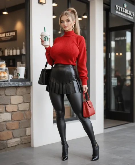 A 25 year old Jane Winston ordering coffee in starbucks, red fleece sweater, black leather pleated sweater, light brown leggings, black stilettos, full body portrait, brown ponytail, chic red handbag, huge breasts, slim