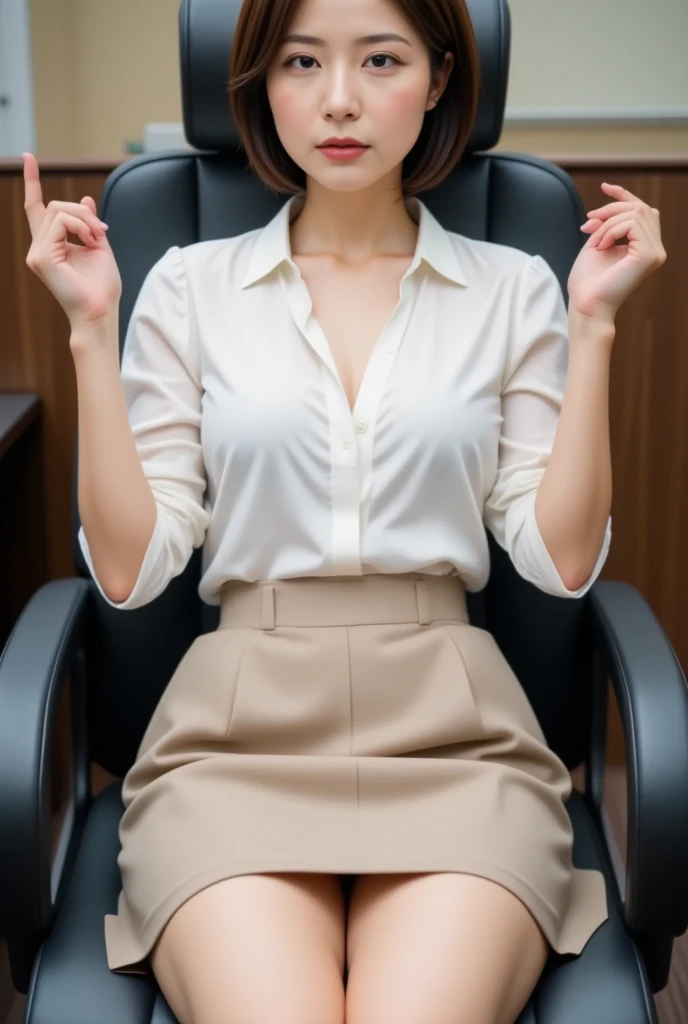 (masterpiece,  top quality)、Beautiful Japanese wife 、
、(from below)、( foot focus ),Brown Hair Girl,stylish blouse,  office skirt,  sitting in an office chair, ( detailed skin: 1.3), ( detailed eyes ), ( sharp concentration), short hair、Bust Emphasis、Dishev...