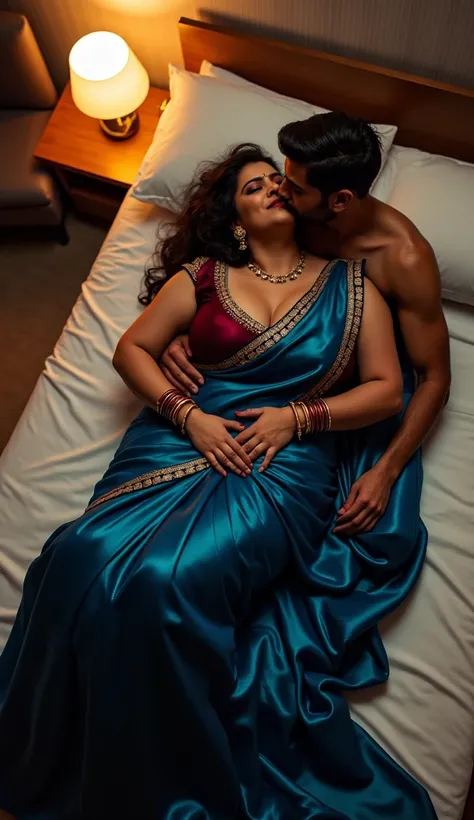 Wide angle picture, top view , Indian 26 year old  plus sized bride ,(wearing indigo colour reflective saree and meroon colour glossy deep neck blouse laying on bed) and 27 year old shirtless man driver kissing her lips on a bed. One man sitting on chair A...