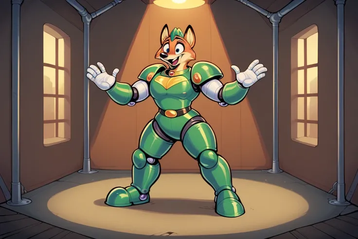 The cartoonish brown fox, drawn in a smooth 1940s style with soft curves and expressive detailing, stands trapped in a museum display, her thick, rounded thighs exaggerated by the design of her mecha armor. The armor, once a symbol of infinite power, now a...