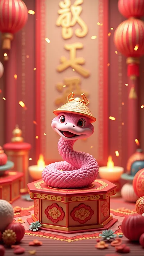 3d， Spring Festival celebration ，firecrackers，scrolls， Q board shape ，pink snake，  with spring hat ，Toad head ，The Year of Worship， 8k octagonal rendering , 