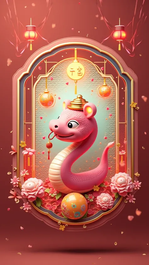 3d， Spring Festival celebration ，firecrackers，scrolls， Q board shape ，pink snake，  with spring hat ，Toad head ，The Year of Worship， 8k octagonal rendering , 