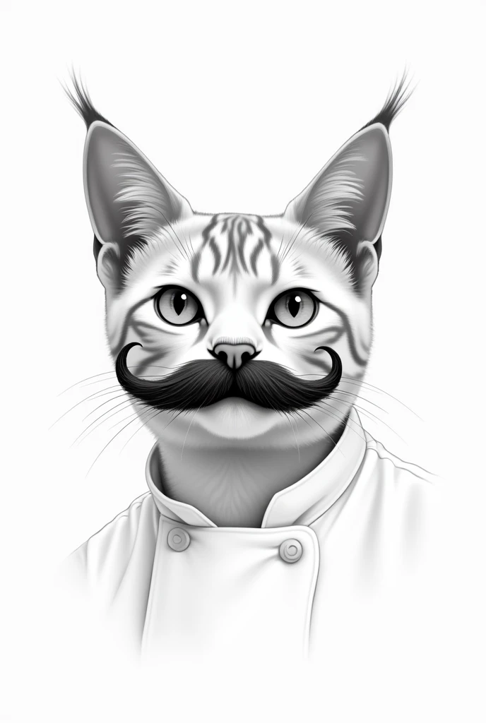 CAT chef with a mustache (only head) minimalist for a restaurant italian black AND white, the CAT have to seem like lynx point cat