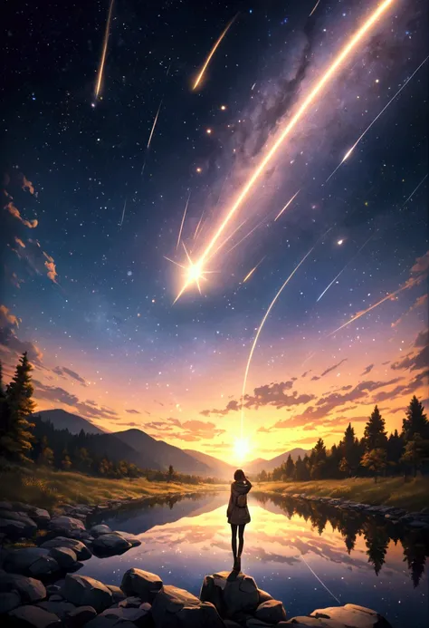 👩💖💖Sparkling golden powder effect 、 Artistic 、 starry sky 、 shooting star、CG Digital Art