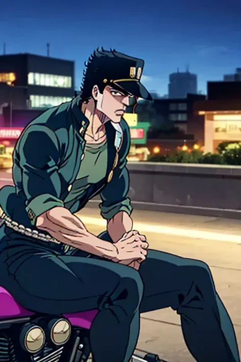 Jotaro riding a motorcycle,  night, city,  Detailed ,  best quality skirt, 