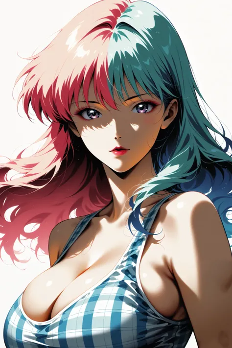 best quality, illustrator anime, style retro classic, master piece:1.5、(minimal art), woman、colored hair, silence、An ennui look、Densely drawn, plaid tank top, huge breasts, portrait, neon color palette, 










