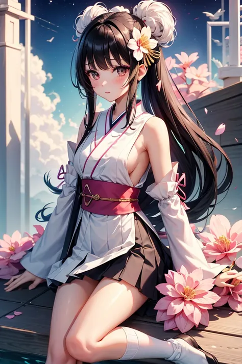 {Single Tall Adult Woman }、{ best quality}、{ show their full body}、{Show the whole leg}、 White Kimono 、 sleeveless、small sleeves、 Pink Pleated Mini Skirt、{white long knee-high socks}、 black hair short hair、blunt bangs、{sideburns}。{Gray Eyes}、Red makeup for...