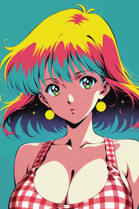 best quality, illustrator anime, style retro classic, master piece:1.5、(minimal art), woman、colored hair, silence、An ennui look、Densely drawn, plaid tank top, huge breasts, portrait, neon color palette, 










