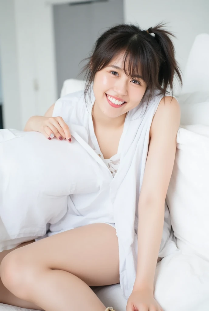 Shoot her at a low angle 、A young woman leaning forward and wearing a loose open shirt on a bare top, staring at the camera, showing her teeth, and putting her hands under her chin to show a natural smile is sitting on the couch。 features a loosely tied po...