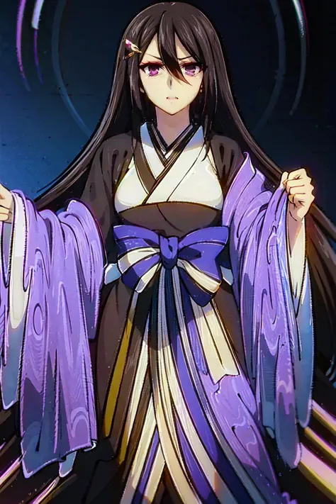 (masterpiece, best quality:1.2), 1girl, solo, purple eyes, black hair, long hair, hair between eyes, (((only black kimono))), long obi(bow with long ascot), elbow cloth, hair pin, parted bangs, full body clothed, straight hair, shiny hair, fair skin, hyper...