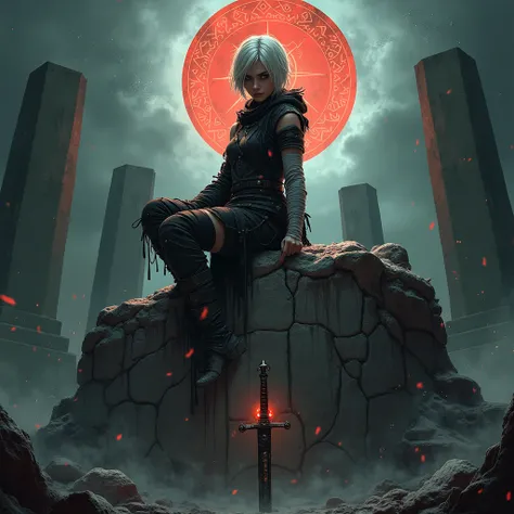 Sitting in front of a stone monument and laughing fearlessly 、An ancient, complicated spell engraved on the stone monument shines eerily red 、 is snowing、((Tattered and dirty black clothes 、Arms full of bandages 、 armband that only selected swordsmen wear ...