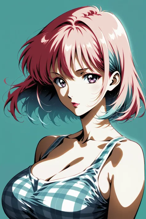 best quality, illustrator anime, style retro classic, master piece:1.5、(minimal art), woman、colored hair, silence、An ennui look、Densely drawn, plaid tank top, huge breasts, portrait, neon color palette, 










