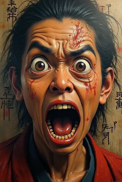 "A 4K mural-style painting depicting a close-up of a terrified villager from the ancient Yamatai Kingdom. The villager's face is rendered in the textured, weathered style of an old wall painting, with cracks and fading colors adding authenticity to the art...