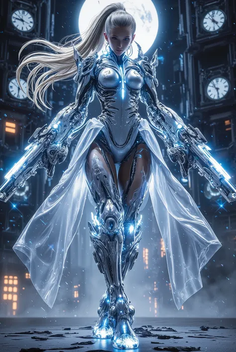 Cinderella stands as a bold and futuristic anime heroine in a shimmering cyberpunk warrior fusion suit. The suit is a stunning blend of metallic silver and sky blue, with glowing glass-like armor pieces on her shoulders, arms, and boots, evoking the feel o...