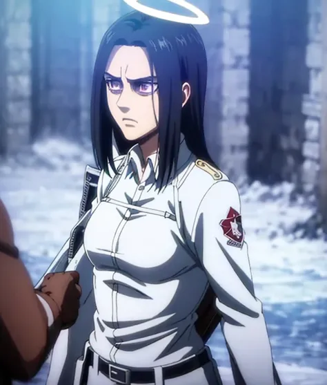 Frieda, in paradis island, next to the walls , attack on titan s4 , ,in uniform,24years old , safe rating , purple eyes, long black hair, beautiful, angry, in training field , ,, corps entiere  , blood on her uniform , facing an army of soldiers , a steami...