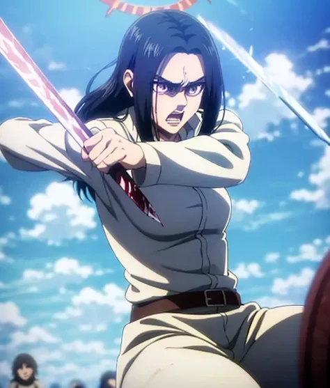 Frieda, in paradis island, next to the walls , attack on titan s4 , ,in uniform,24years old , safe rating , purple eyes, long black hair, beautiful, angry, in training field , ,, corps entiere  , blood on her uniform , facing an army of soldiers , a steami...