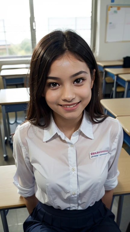 View of several different s, Sitting inside a classroom, dressed in school uniforms,  looking at the observer ,   smiling at the observer  