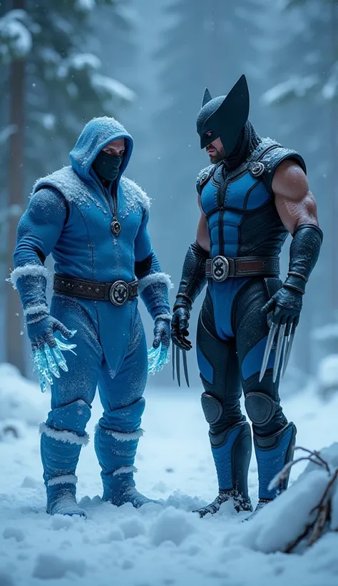 two characters, the first on the right side is Wolverine with the uniform, the second on the left side is Subzero from Mortal Kombat with his blue outfit and black mask and with ice on his body, in a place with a lot of snow, blue lights in the scene, 4k, ...