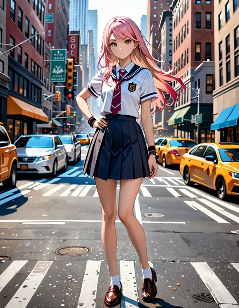 masterpiece, best quality, hires, highly detailed, 8K. Beautiful and pink-haired, light brown eyes, waist-length hair, (high school uniform, placed skirt, miniskirt, loafers), (bare legs), (matching wrist bands), (hand on hip, perfect hands), standing, loo...