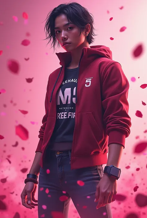 "A powerful Free Fire logo and-style hero standing in a dynamic pose, with the Free Fire logo and the text 'M5' prominently displayed. The background features soft pink rose petals, creating a vibrant and stylish look."