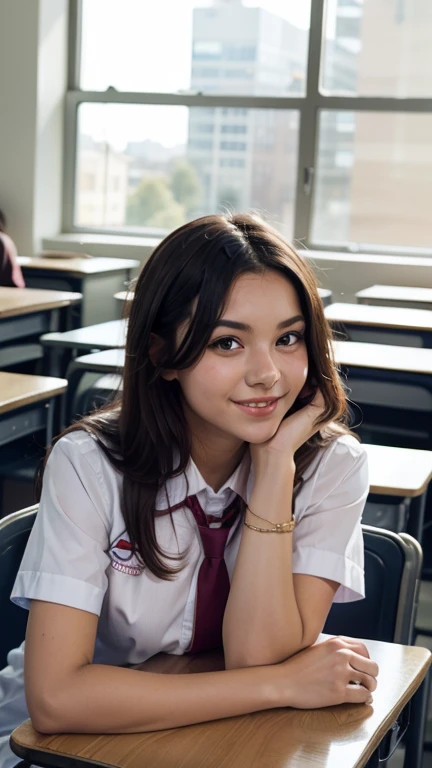 View of several different beautiful girls, , Sitting inside a classroom, dressed in school uniforms,  looking at the observer ,   smiling at the observer  