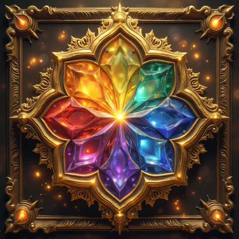 Imagine the four major elements、 mark of rainbow elements with a gold frame like a large rainbow-colored gemstone,Intricate Ornamental Shapes,shaped like an arch,