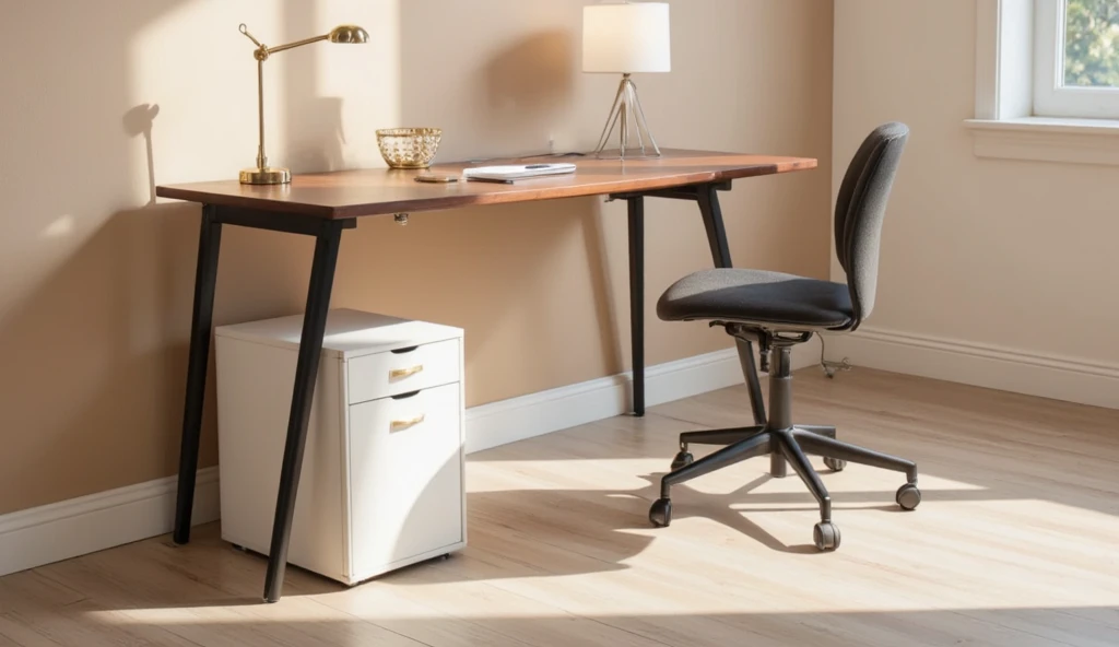 realistic picture of the computer desk setup,  A sophisticated and distinctive curved red cherry wood Desk, black desk legs, Warm, natural indirect lighting on the desk and wall , Plain light beige floor, white gold ikea alex under the desk, A gold designe...