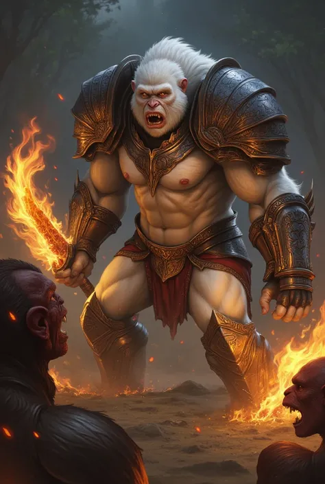 An angry white gorilla in armour with a fire sword that kills an ape