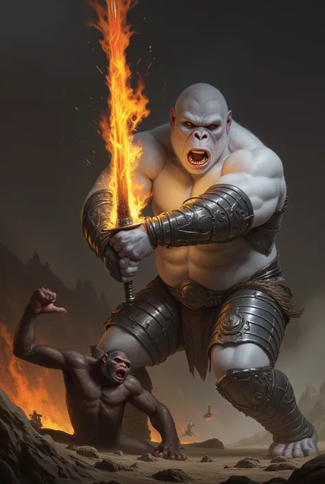 An angry white gorilla in armour with a fire sword that kills an ape